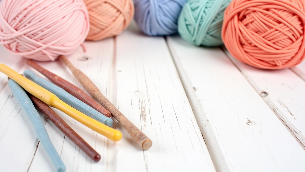 Assorted crochet hooks in various sizes arranged on white surface with yarn balls nearby