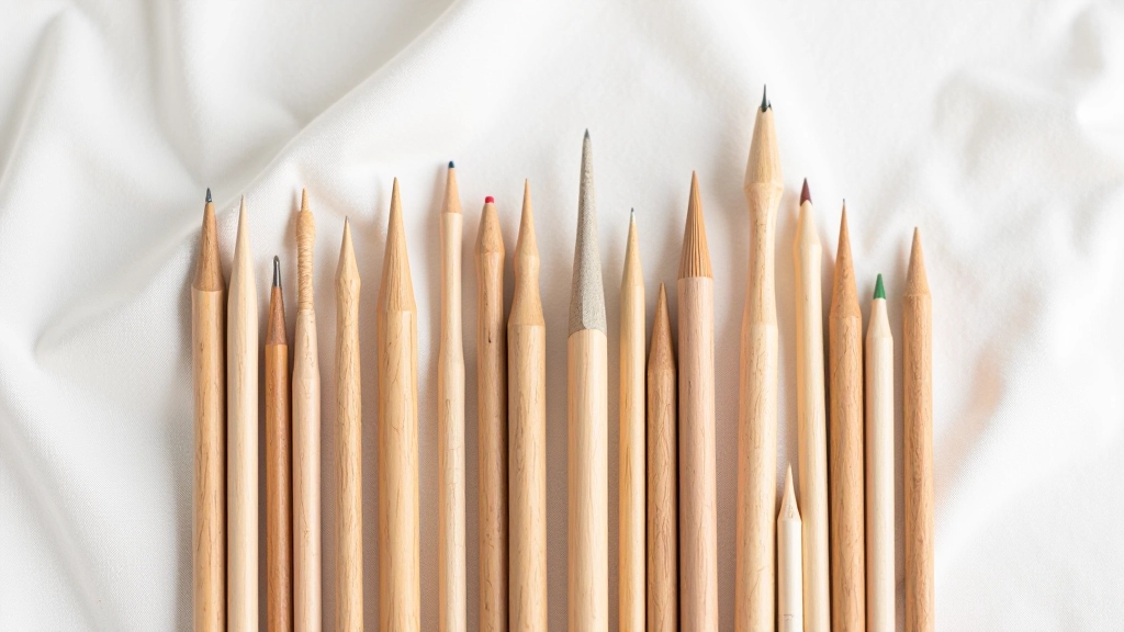 Assorted knitting needles in various sizes displayed on white fabric