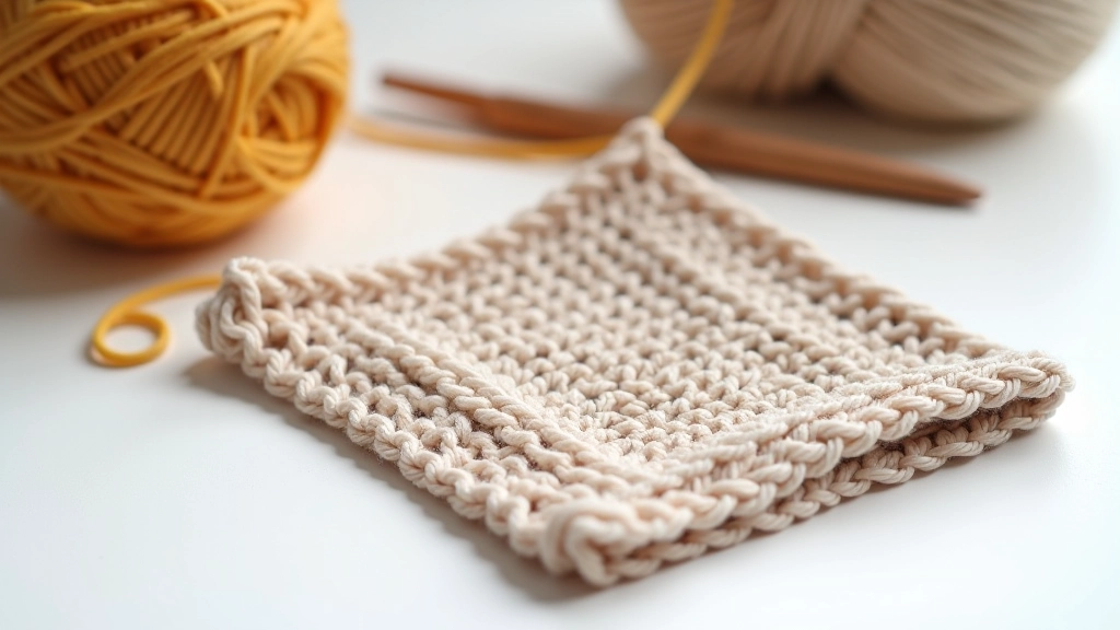 Finished beginner crochet dishcloth with uneven stitches showing natural learning progression, folded neatly