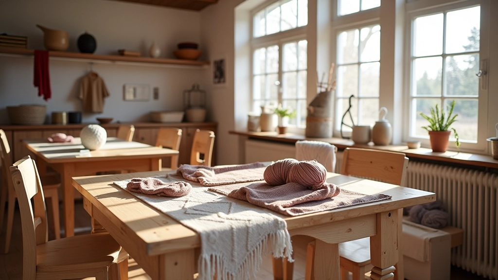 Modern textile workshop space with wooden tables, samples of knitted fabric, and natural light from windows
