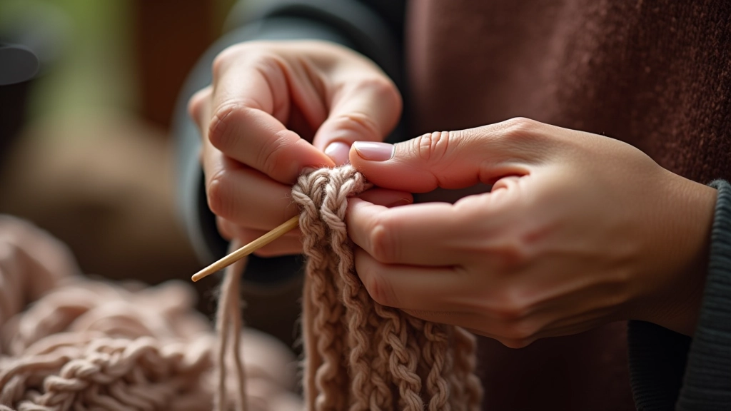 Hands working with knitting needles and patterned yarn, demonstrating the physical technique of traditional rūkdarbi knitting in progress, showing texture and movement of hands creating textile