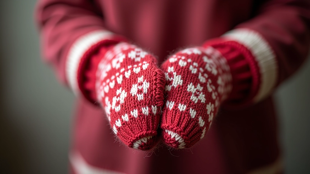 Close-up of traditional Latvian mitten cuff showing intricate geometric patterns in contrasting red and white yarn colors