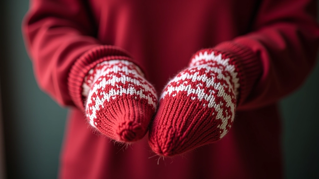 Close-up of traditional Latvian mitten patterns showing geometric motifs in red and white yarn, demonstrating authentic rūkdarbi textile designs with intricate detail and traditional color combinations