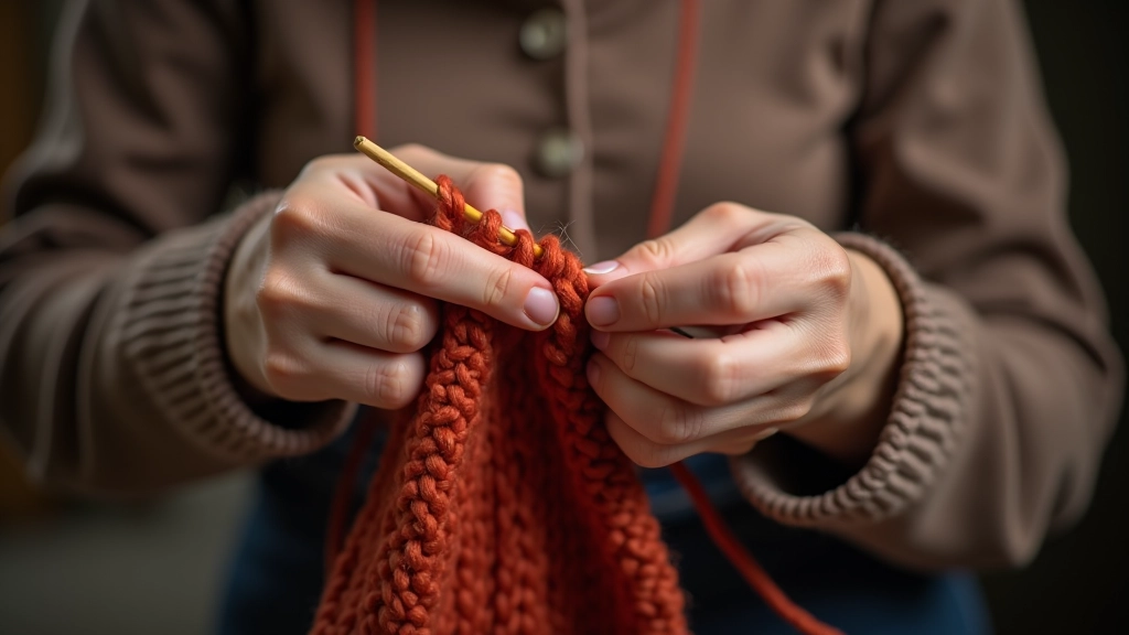 Hands demonstrating knit stitch technique with yarn and needles in clear detail