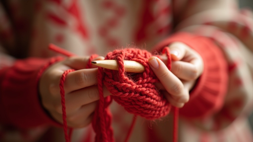 Hands demonstrating knitting needles and yarn