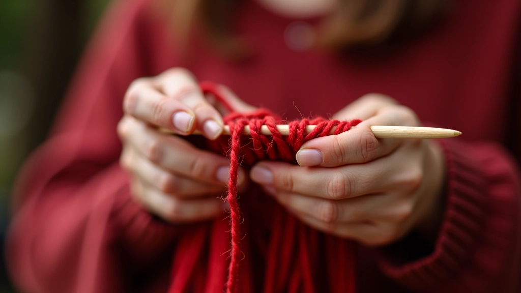Close-up of hands working with red yarn and knitting needles on knitted fabric