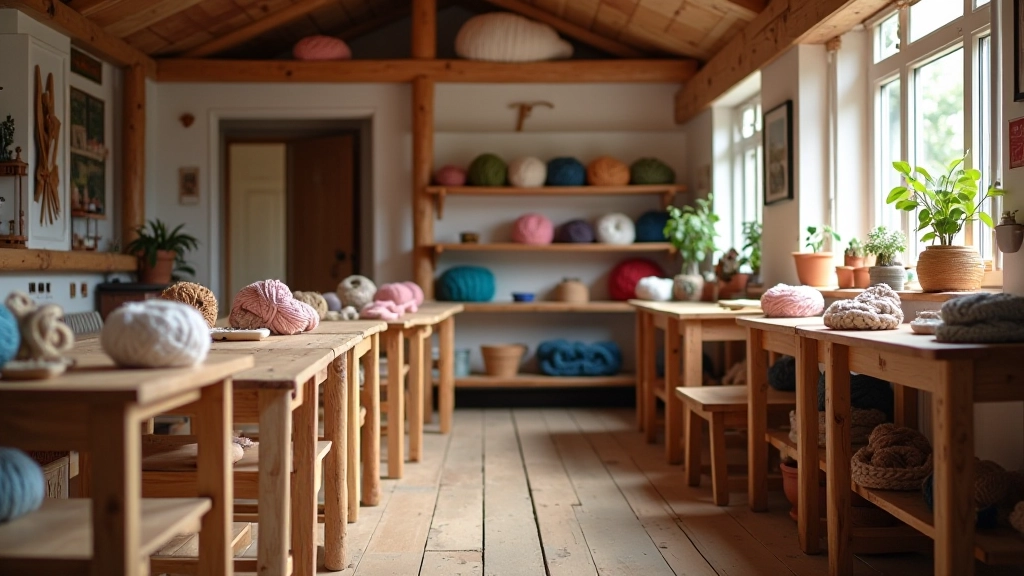 Modern workshop studio space dedicated to traditional Latvian textile crafts and knitting instruction