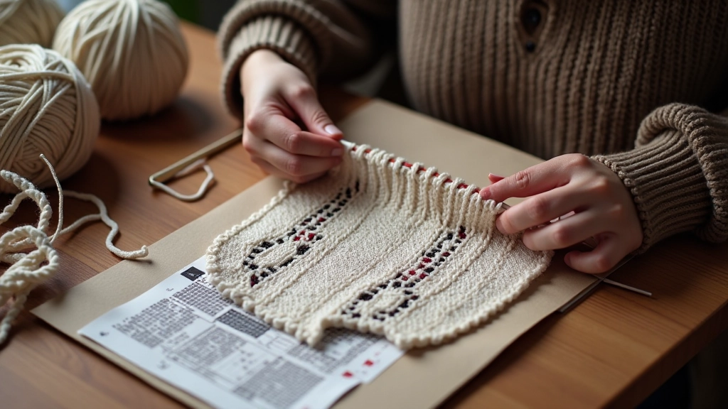 Modern knitting workshop workspace with yarn, needles, and work in progress Latvian mittens on wooden table