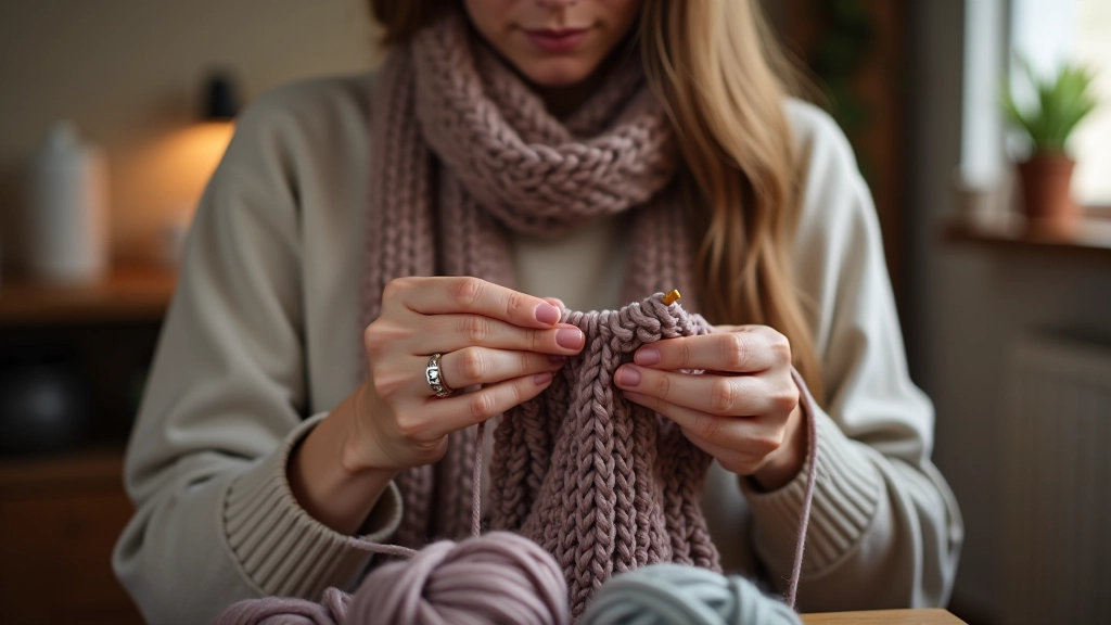 Beginner knitter working on first scarf project with visible practice stitches