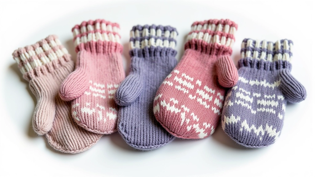 Finished rūkdarbi mittens and socks in traditional patterns displayed together, showing completed textile projects with authentic Latvian design motifs in natural wool colors, arranged on neutral background