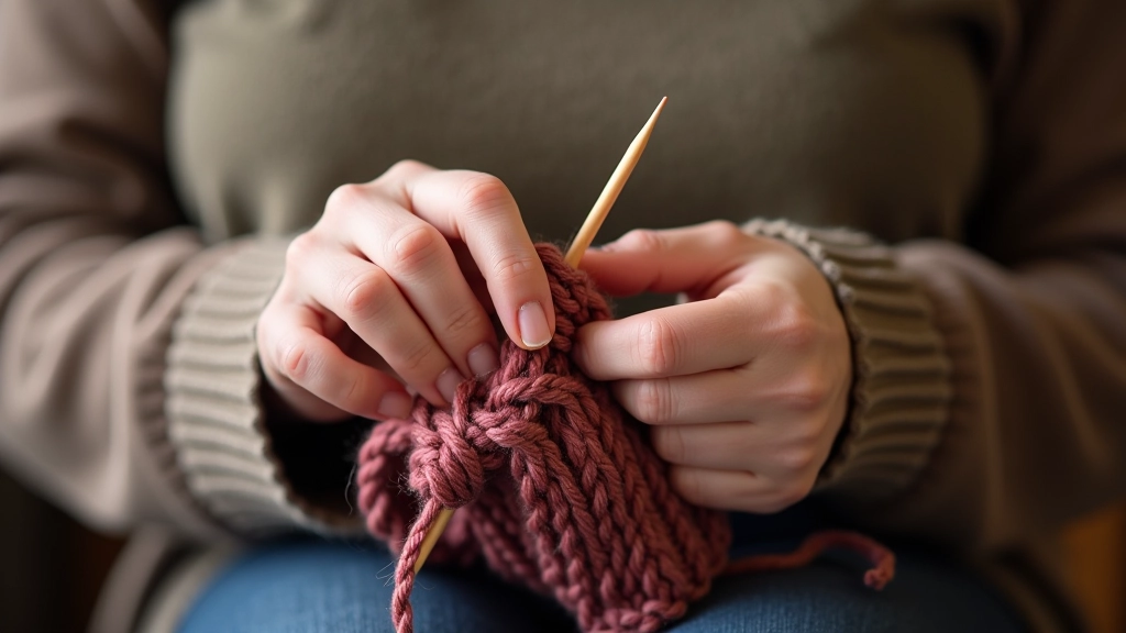 Knitter's hands working on Latvian mittens, showing the stranded knitting technique with two colors held in hands