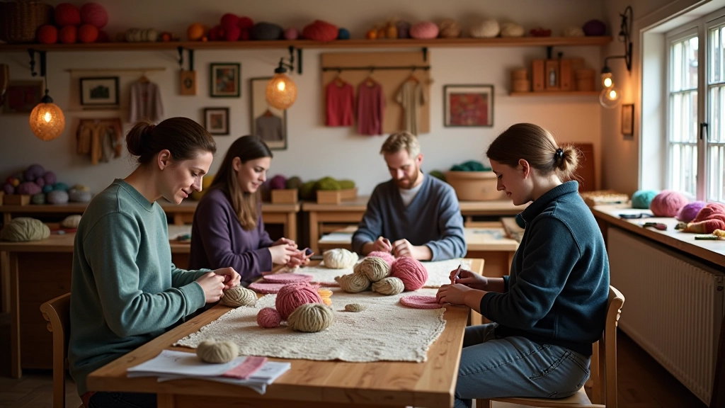 Workshop interior showing participants seated at wooden tables with knitting needles and yarn, natural light from windows, collaborative textile learning environment with displayed finished rūkdarbi pieces on walls