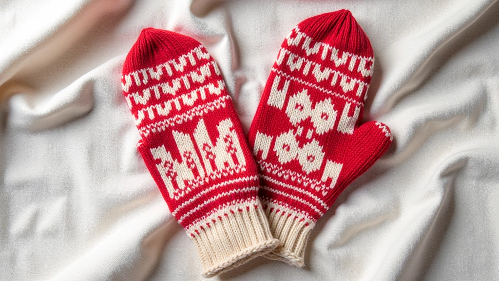 Flat lay of traditional Latvian mittens showing intricate geometric patterns in white and red colors