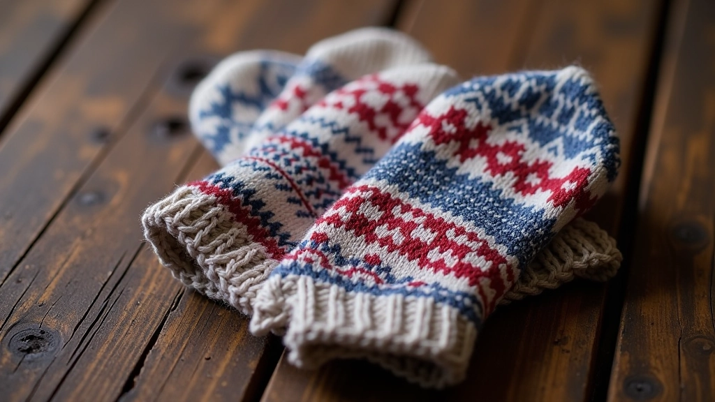 Traditional Latvian knitted mittens with geometric patterns displayed on wooden surface