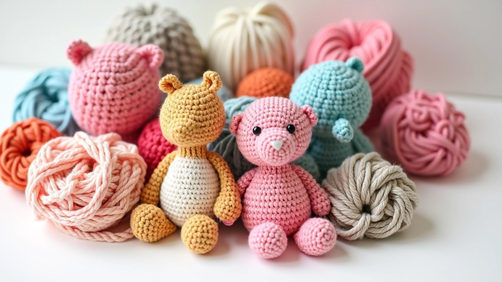 Collection of finished beginner crochet projects including dishcloth, scarf, and small amigurumi items