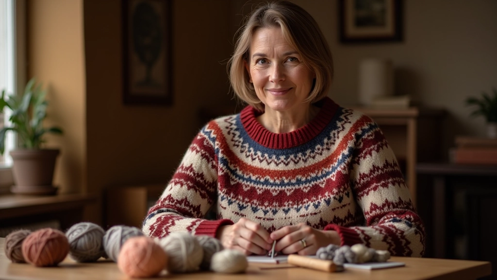 Skilled artisan working with traditional Latvian knitted textiles and patterns