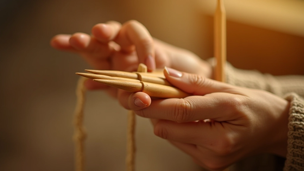 Close-up of wooden bamboo knitting needles showing texture and craftsmanship details